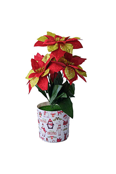 velve Aranjament floral cu Craciunita Artizanala in ghiveci cu pinguini, Auri...