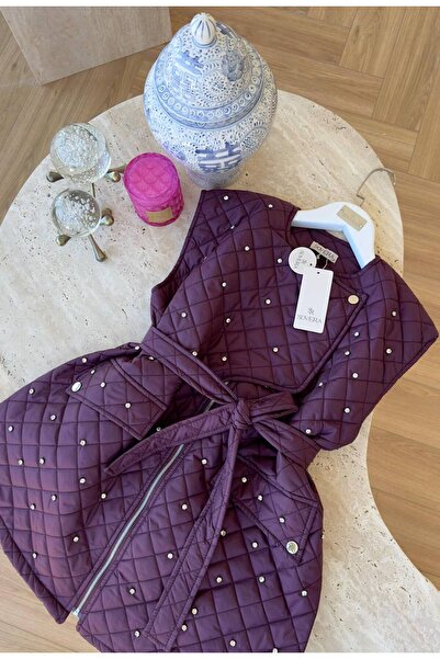 Molly Nelly Women's Stylish Stone Detailed Lined Quilted Midi Vest