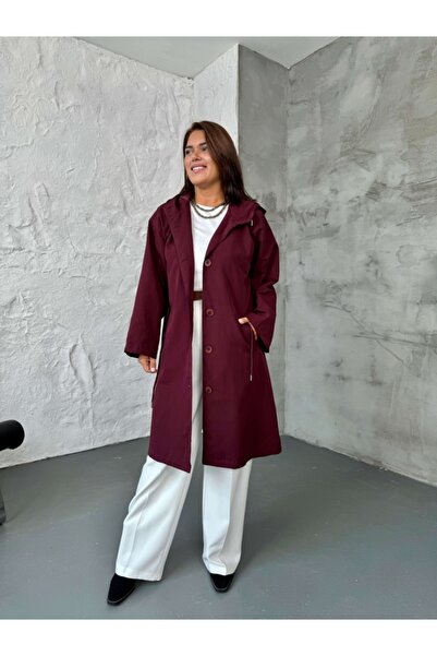 Elif Özbey Butik Burgundy Hooded Full-Length Buttoned Trench Coat