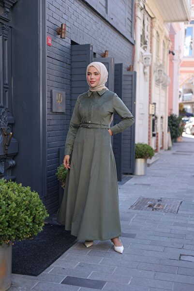 By Pommes Life Women's Half Placket Buttoned Double Belted Corduroy Hijab Dress