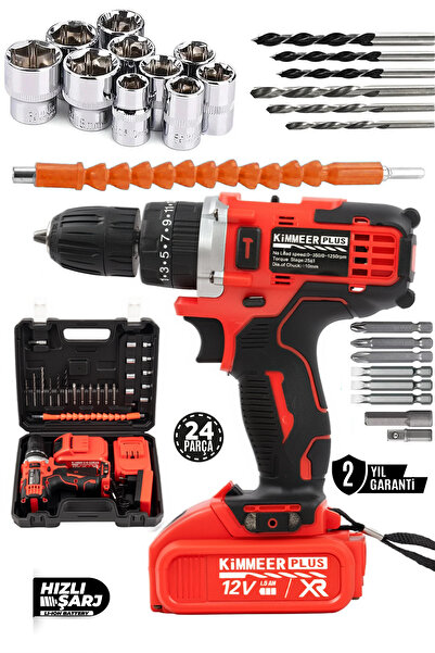 KİMMEER PLUS 12v 1.5 Ah Metal Şanzıman Çift Akülü Şarjlı 24 Parça Akülü darbe...