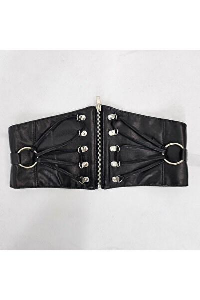 velve Tez corset belt, made of eco-leather, elastic, with zipper and metal details, Black