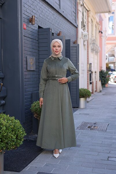 By Pommes Life Women's Half Placket Buttoned Double Belted Corduroy Hijab Dress