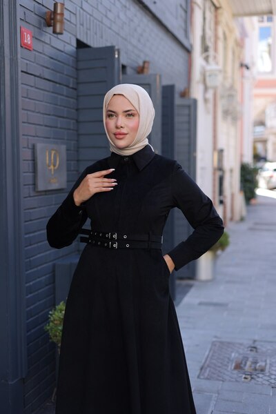 By Pommes Life Women's Half Placket Buttoned Double Belted Corduroy Hijab Dress