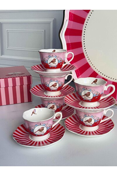 ROSSEV Türk Kahve Fincanı Bird Red 6 Kişilik 12 Parça