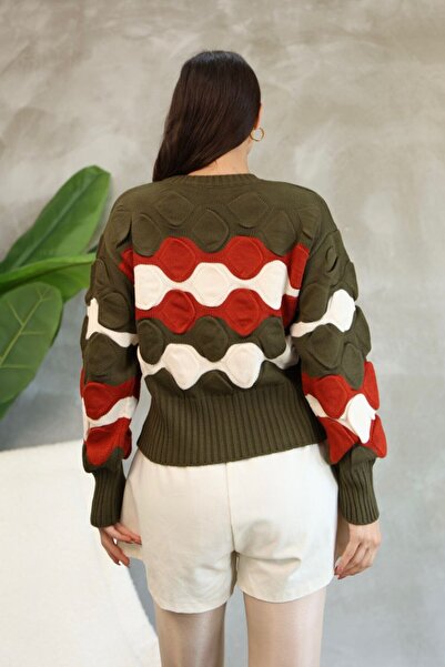 LADY HAZAL Χακί πουλόβερ με λαιμόκοψη με μαλακό μοτίβο πλεκτό πουλόβερ Hijab