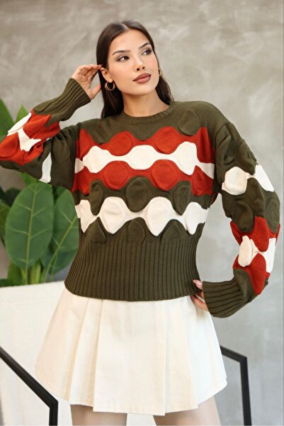 LADY HAZAL Χακί πουλόβερ με λαιμόκοψη με μαλακό μοτίβο πλεκτό πουλόβερ Hijab