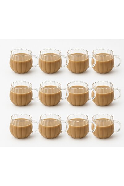 MİS KİTCHEN Set of 12 Clear Glass Coffee Cups – Slotted Pattern, Heat Resistant, Modern Presentation Cups