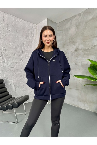 Elif Özbey Butik Hanorac cu glugă cu fermoar în față, albastru bleumarin