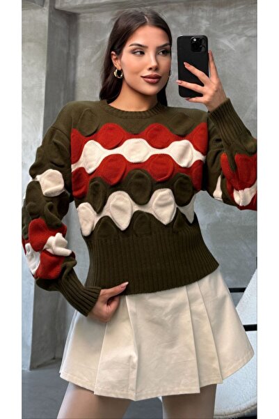 LADY HAZAL Khaki Crew Neck Cropped Soft Textured Patterned Knitwear Hijab Sweater