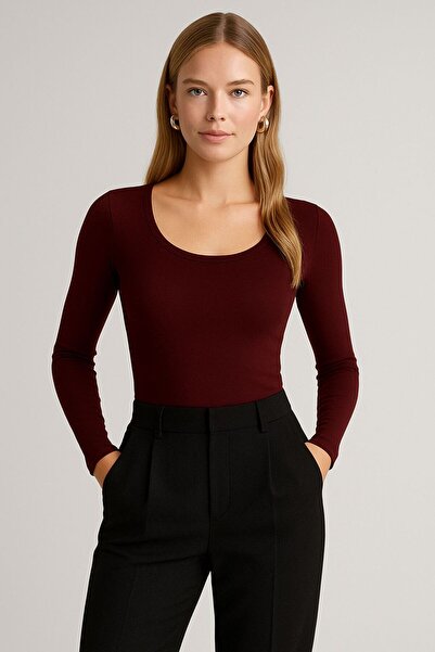 glanour Body cu mânecă lungă, cu decolteu, material reiat Burgundy