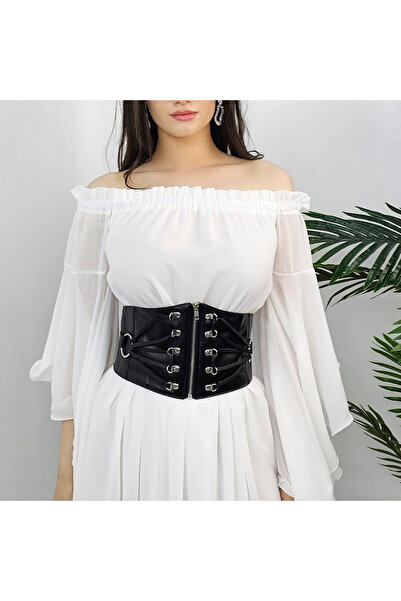 velve Tez corset belt, made of eco-leather, elastic, with zipper and metal details, Black