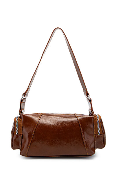 minebag Faux Leather Shoulder Bag with Side Pocket Detail, Brown