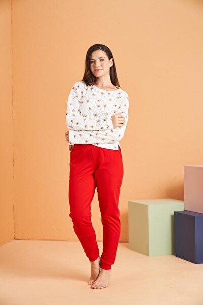 PJS Γυναικείο σετ πιτζάμες με στρογγυλή λαιμόκοψη με μανίκια με μακριά μανίκια από 100% βαμβάκι