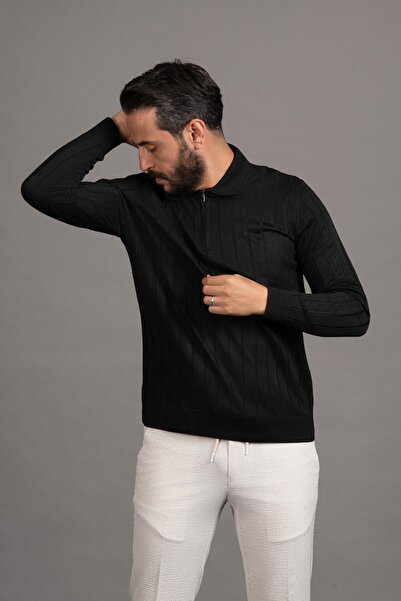 ADVANTE Zippered Polo Neck Polyamide Fabric Self-Striped Lycra Knitwear Sweater