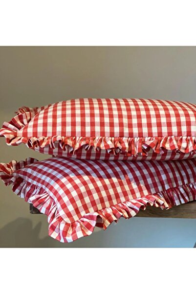 İstanbul kumaş 2 Adet 50x70 cm Dekoratif Kırmızı Pötikareli Yastık Kılıfı Fırfırlı Model