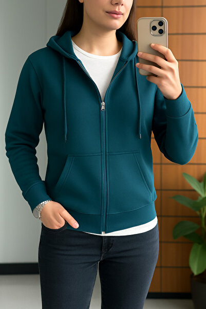 BRLKN Kadın Kapüşon Detay Fermuarlı Hırka