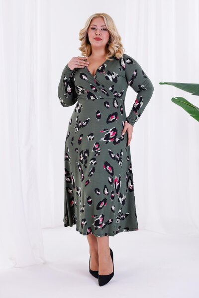 Madwilo Women's Green Tiger Pattern Double Breasted Collar Plus Size Stretchy Maxi Dress