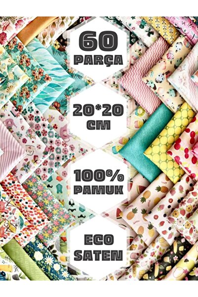 FabricMarket %100 Pamuk Saten Kumaş – 60 Adet 20x20 Cm, Yaz Ve Meyve Temalı Desenler, Patchwork Için