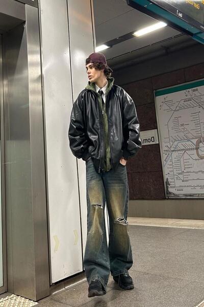 BELİZMOD Oversize Vintage Ανδρικό Μαύρο Δερμάτινο Μπουφάν