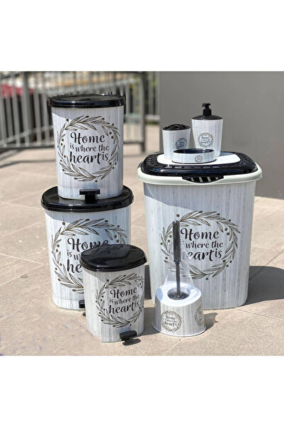 abnturk Beyaz Parke Desen 9 Parça Banyo Çamaşır Seti Kirli Sepeti+deterjanlık...