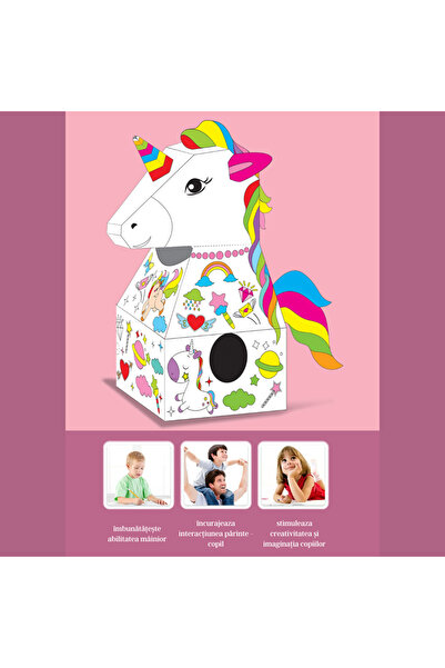 OEM Figurină de colorat, din carton, model unicorn, 12 acuarele, 2 pensule, 78x33x62 cm, 4 ani+