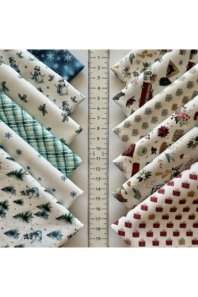 FabricMarket 100% Cotton Satin Fabric – 60 Pieces 20X20 Cm, New Year and Winter Themed Patterns, for Patchwork