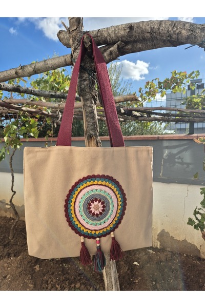 Handream Large Mandala Detailed Cream Duck Fabric Bag