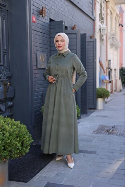 By Pommes Life Women's Half Placket Buttoned Lace-Up Corduroy Hijab Dress