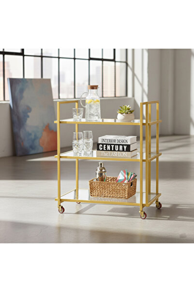 genric FFD Gold Metal & Mirror Glass Serving Trolley – 3-Tier Bar Cart 80x40x...