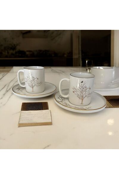 Turkuaz Porselen Altın Hayat Ağacı 2 Kişilik 4 Parça Porselen Kahve Fincanı Takımı