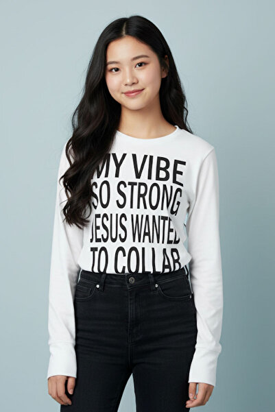 harmony factory Bluză albă My Vibe Cross Back cu imprimeu Y2K cu mâneci lungi