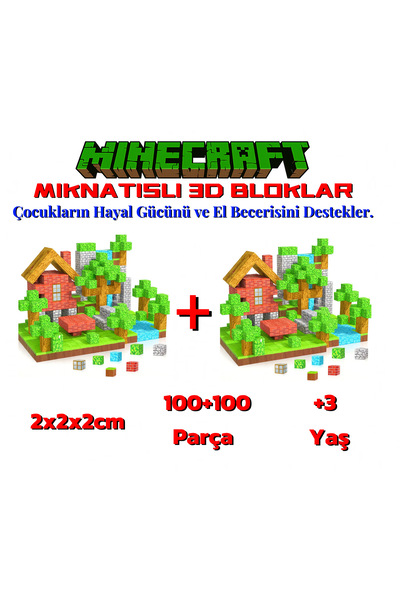 ABS Minecraft Tarzı Manyetik Bloklar-2x100 Parça Eğlenceli, Zeka Geliştirici ...