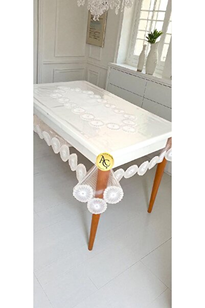 Altın Çeyiz Tekstil Şeffaf Runnerlı Dantelli Güpürlü Masa Örtüsü Çeyiz Seti