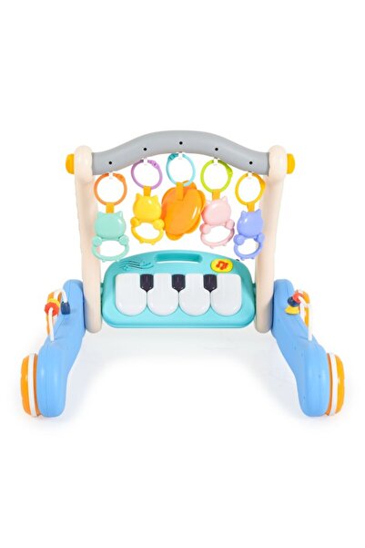 Moni Toys Premergător 2 în 1 pentru bebeluși cu pian și covoraș colorat albastru, jucării interactive și funcții muzicale