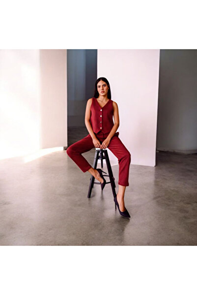 EsSo butik Women's Gold Buttoned Vest Pants Suede Set