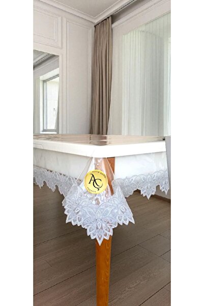 Altın Çeyiz Tekstil Şeffaf Runnerlı Dantelli Güpürlü Masa Örtüsü Çeyiz Seti