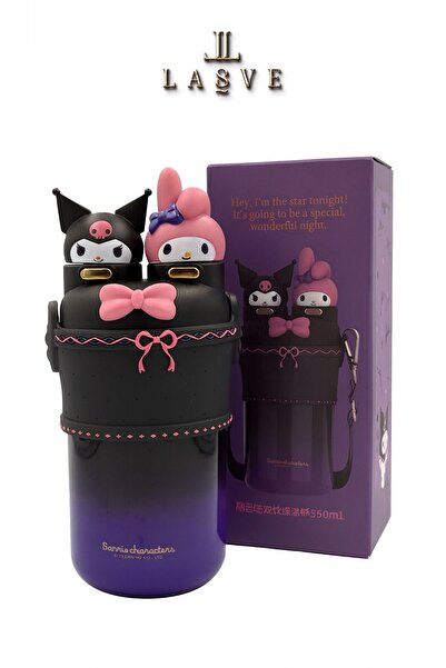 kuromi Licenssed My Melody Figured 2-Lid Steel Water Bottle with Strap, Straw and Normal Drinking Capacity 550 ml