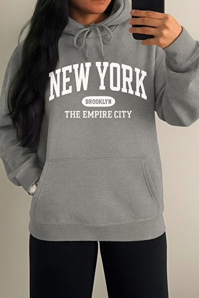 mercoledi NEW YORK EMPIRE IMPRIMAT OVERSIZE UNISEX FEMEI/BĂRBAȚI CU GLUGĂ SWE...