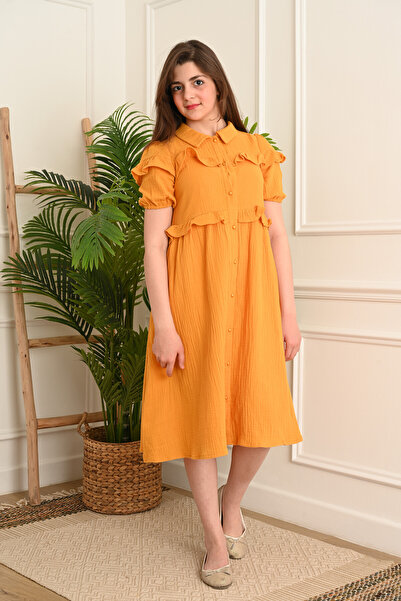 FULLJOY Girls' dress with half sleeves, elegant design, orange