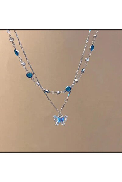 Hüma Butik Takı & Aksesuar Çift Katlı Kelebek Detaylı Taşlı Kolye