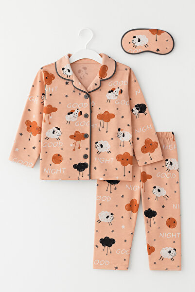 mini kanka Girl's 100% 100% cotton buttoned long sleeve top and bottom nightgown set with eye patch