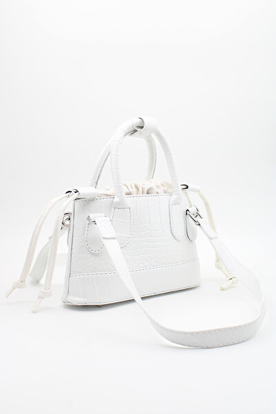 LASSO Women's White Mini Crocodile Leather Multi-Handle Drawstring Mouth Hand, Arm and Shoulder Bag
