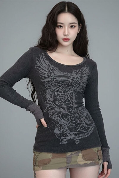 harmony factory Bluză crop cu mânecă lungă afumată