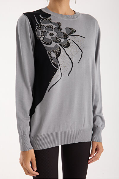 Moda Days Women's Gray Elite Viscose Fabric Stone Detailed Crew Neck Knitwear Blouse