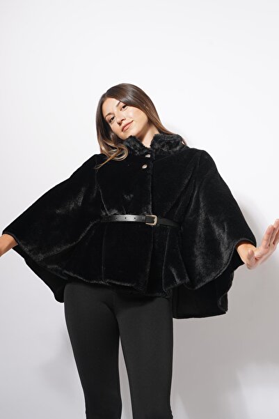 Pafi Moda Peris Kemerli Peluş Panço Siyah