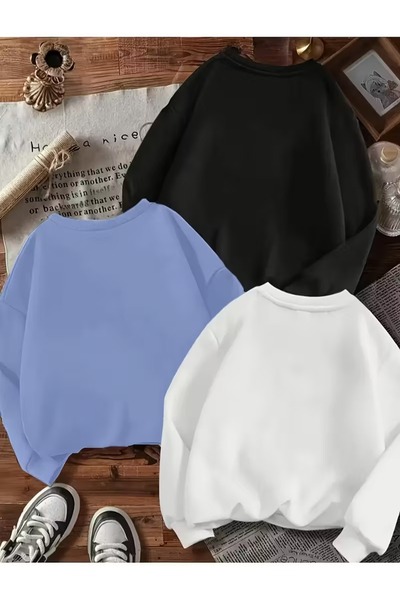 buendiakids Kız Çocuk SiyahBeyazBebemavi\Butterfly Dream Kelebekler Baskılı 3`lü Paket Bisiklet Yaka Sweatshirt