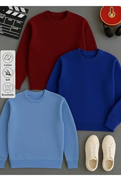 blackbonds 3lü kombin renkler baskısız basic bisiklet yaka Sweatshirt