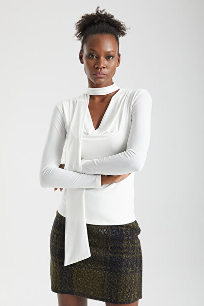 By Yaren Yazıcı Women's Ecru - White Self-Tie Draped Collar Long Sleeve Blouse Day Night Office Chic