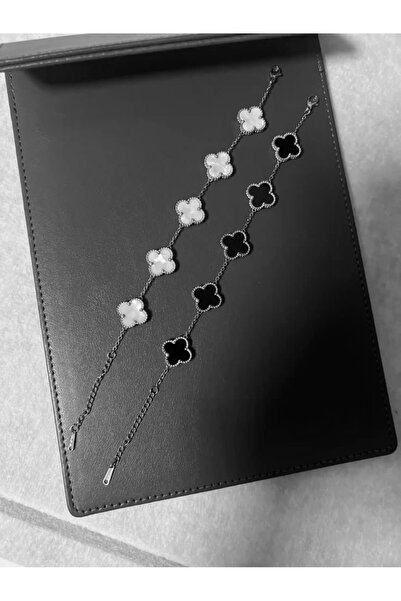 ANGELSS JEWELLERY 2’li Yonca Siyah Beyaz Gümüş Çelik Bileklik Unisex (Yonca Model İkili Kombin Bileklik)